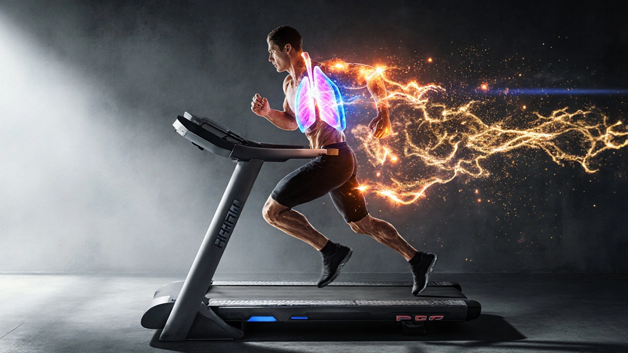 Athlete sprinting on treadmill with glowing after‑burn effect and mitochondria visualized in the background.