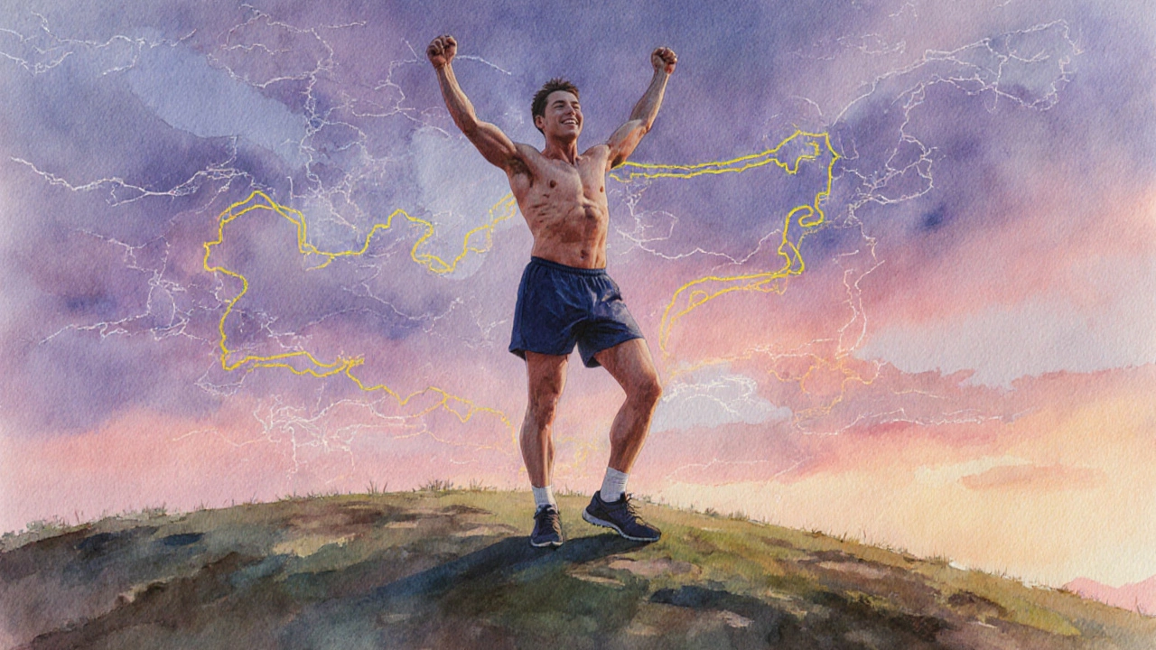 Athlete with toned core standing on a hill at sunset, celebrating progress.