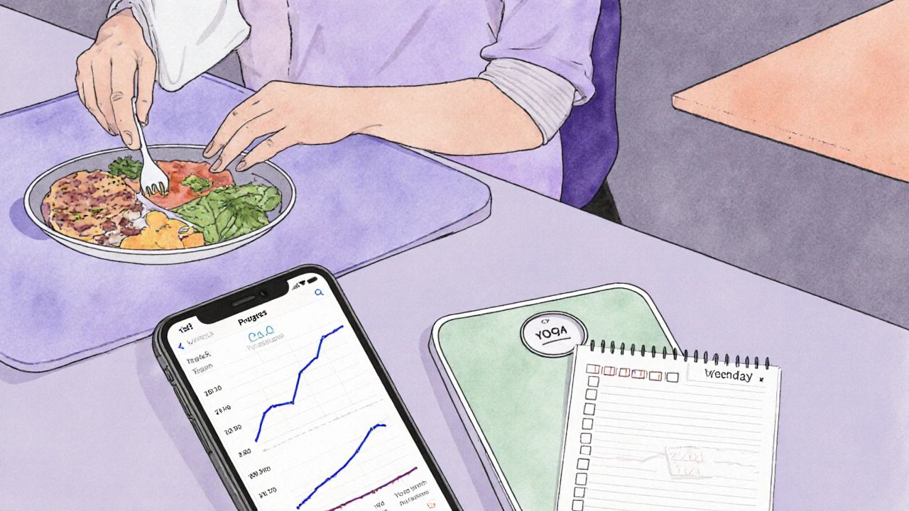 Calm scene of someone preparing a meal, checking a progress chart on a phone, and stretching.
