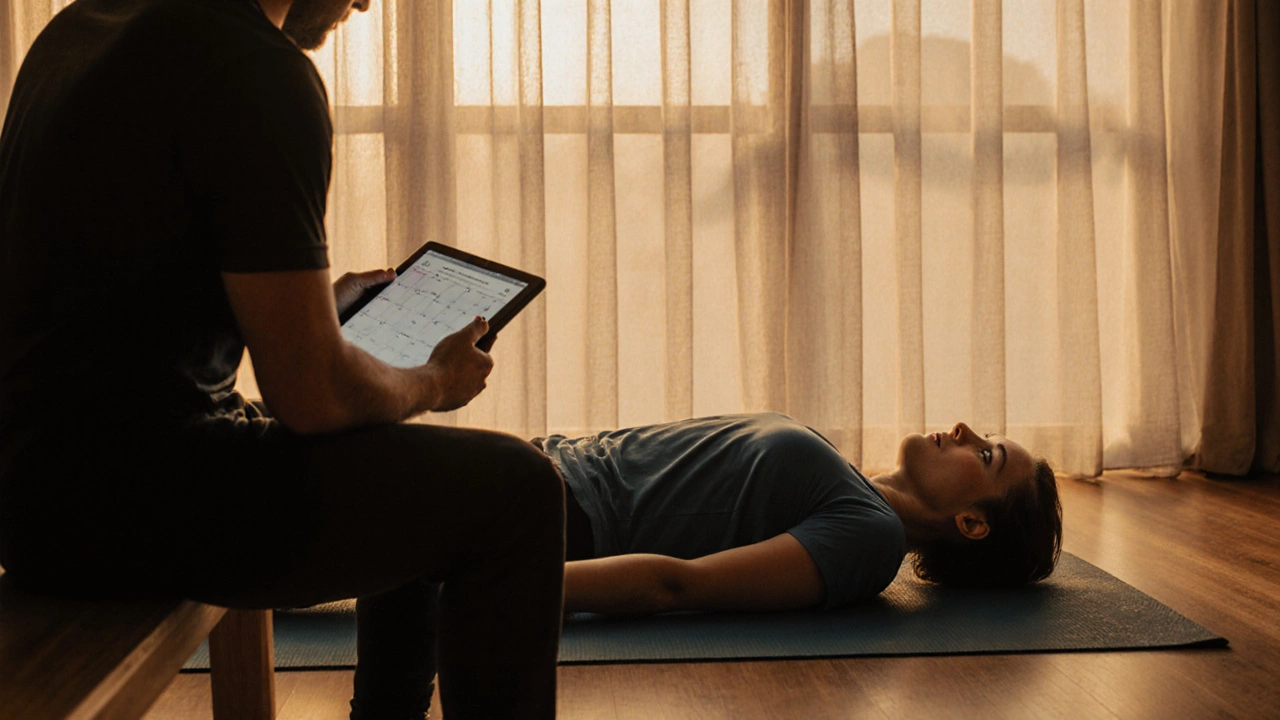 Client resting while trainer reviews plan in a calm studio.