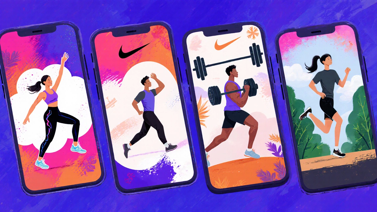 Collage of dance, yoga, weightlifting, and running representing free fitness apps.