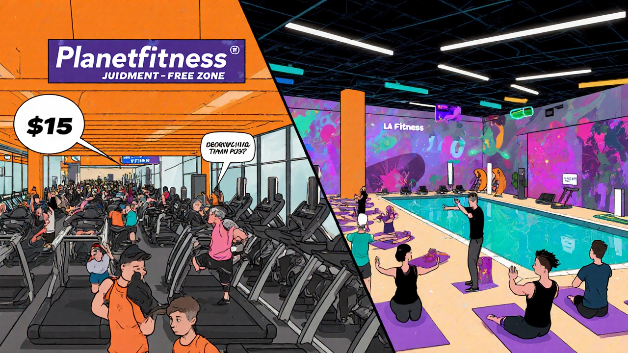 Comic‑style split panel showing Planet Fitness equipment area on the left and LA Fitness pool and class studio on the right.