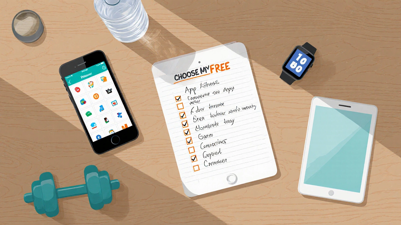 Desk with devices, checklist, water bottle, and dumbbell for picking a free app.