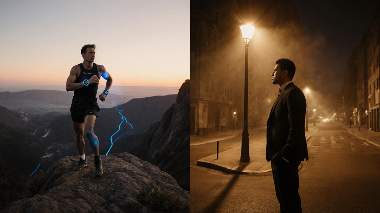 Dusk crossroads showing a runner with Garmin on a cliff and a commuter with Fitbit in the city.