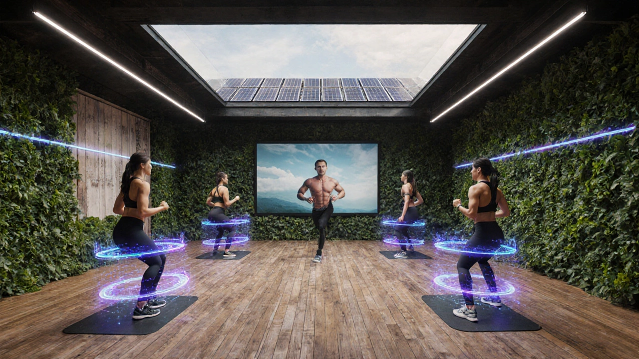 Eco‑friendly hybrid gym with wearables, holographic data, and a virtual instructor streaming on screen.