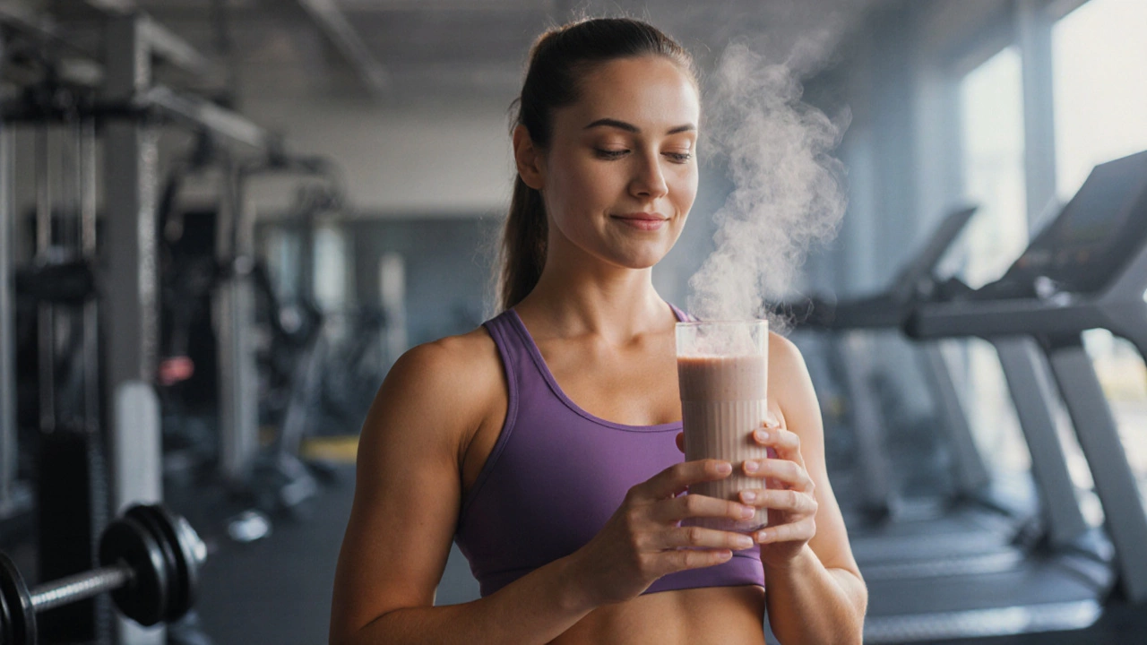 Fit woman drinking a post‑workout shake in a softly lit gym, highlighting muscle recovery.