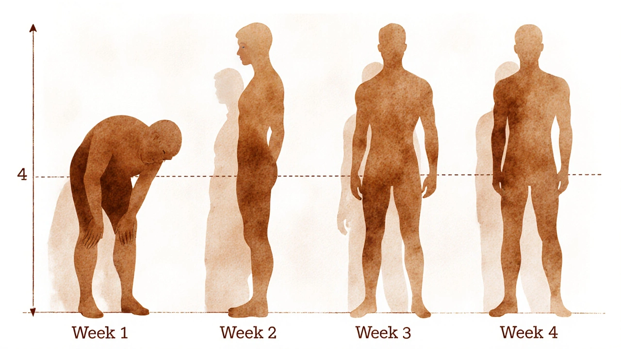 Four-week progression of a person's posture improving from slouched to confident silhouette.