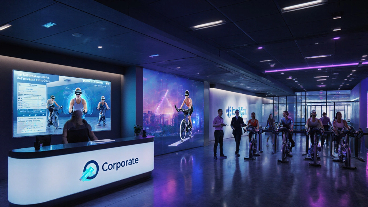 Futuristic gym scene at dusk featuring holographic check‑in, AR spin class, and corporate employees entering through a badge turnstile.