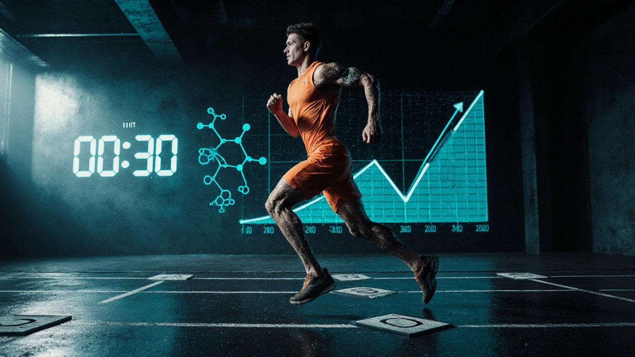 Gym runner doing a HIIT sprint with oxygen molecule overlay and afterburn graph.