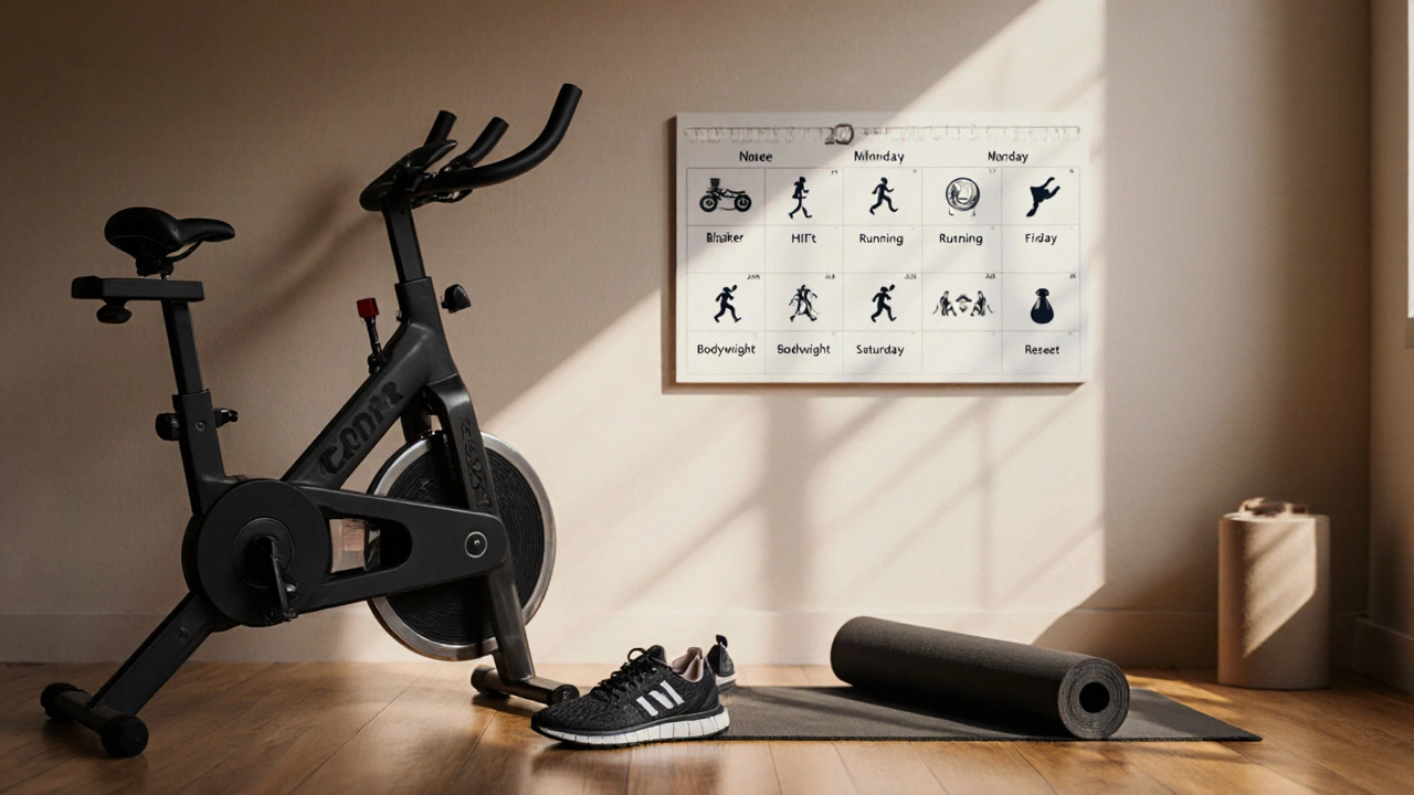 Home gym with calendar showing HIIT and running workout schedule.