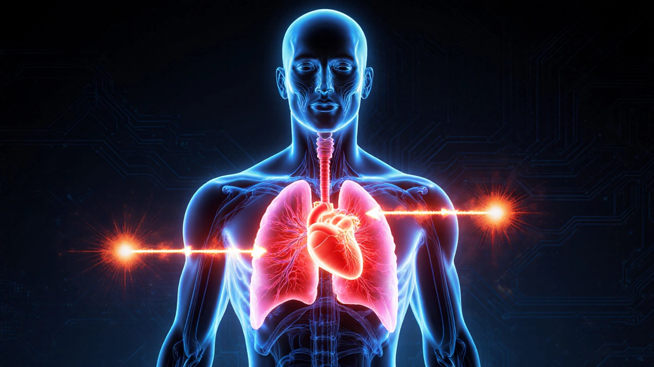 Illustrated body showing heart, lungs, muscles with glowing afterburn effect.