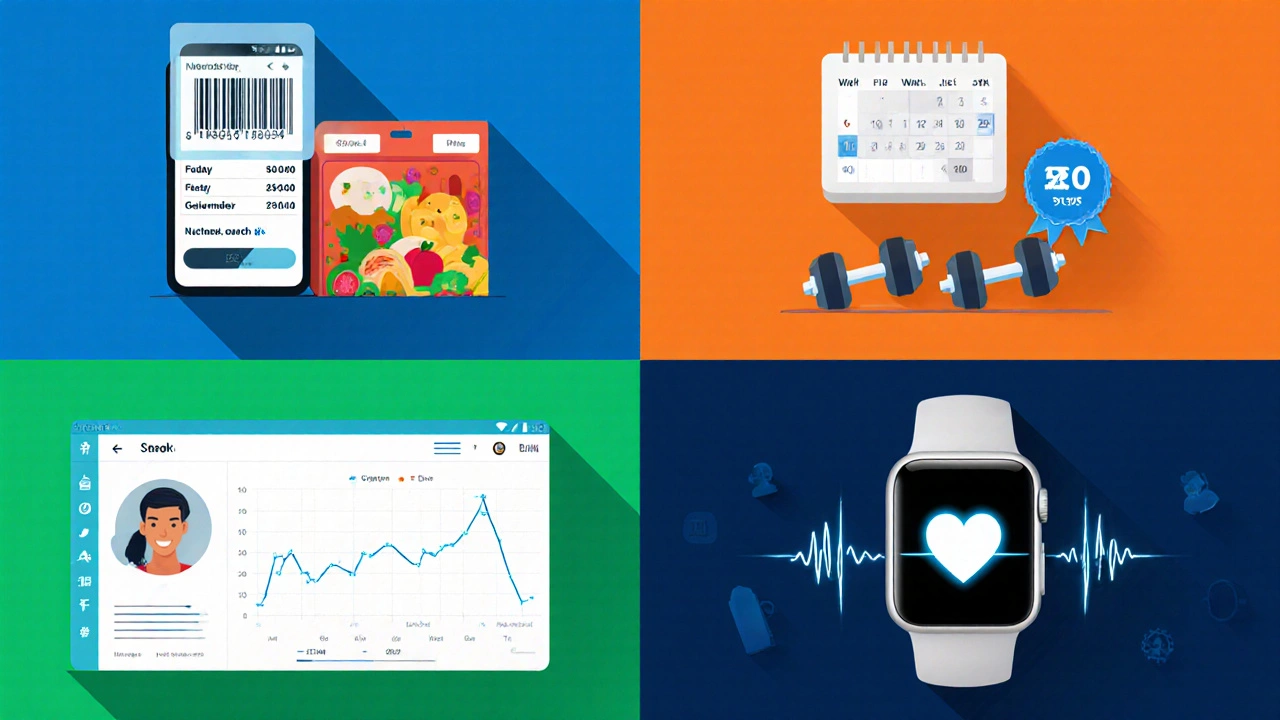 Illustrated collage of fitness‑app features: food scanner, workout plans, leaderboard, streak badge.