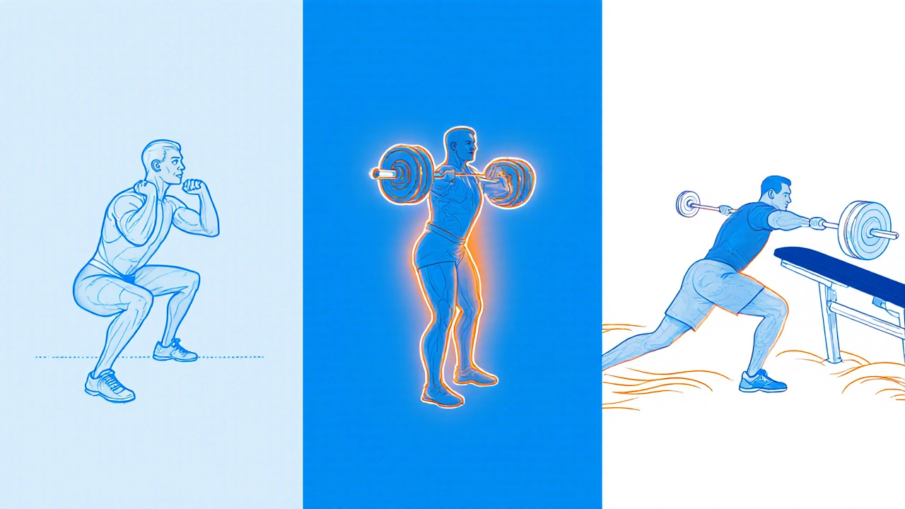 Illustrated guide showing proper squat, deadlift, and bench press forms.