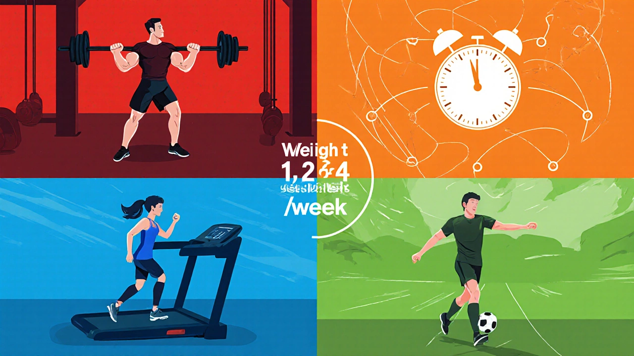 Illustrated quadrants showing strength, HIIT, cardio, and sport training.