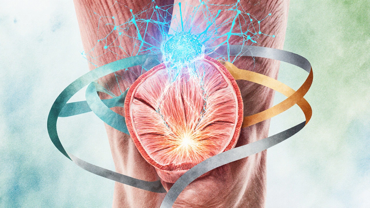 Illustration of muscle fibers repairing and hormones flowing after a workout.