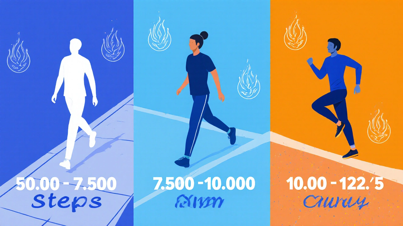 Illustration of three walkers on flat, hill, and incline paths showing step ranges.