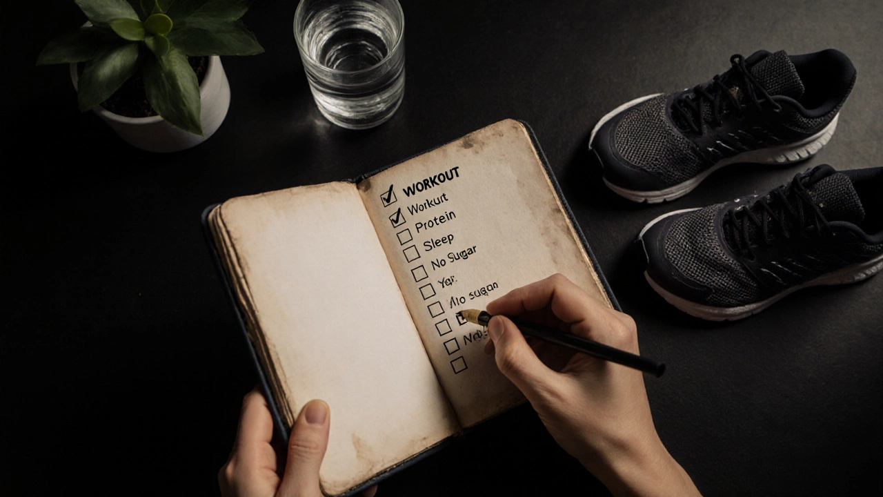 Journal with checked fitness habits beside water and shoes, symbolizing consistent routine.