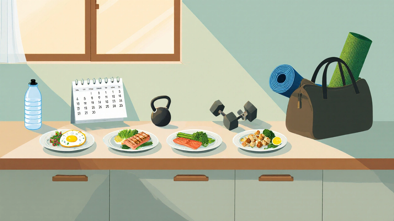Kitchen counter with weekly meal prep, gym bag, and subtle calendar hinting at a structured fat‑burning plan.