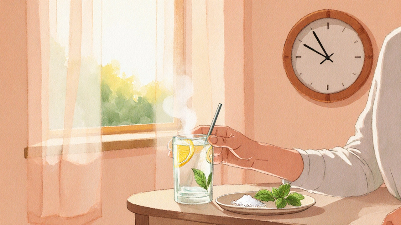 Morning scene of a person sipping warm lemon water with mint and sea salt.