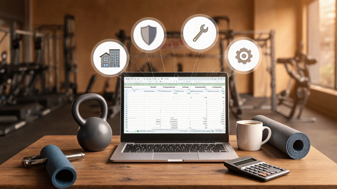 Overhead view of a trainer&#039;s desk with fitness equipment and floating cost icons.