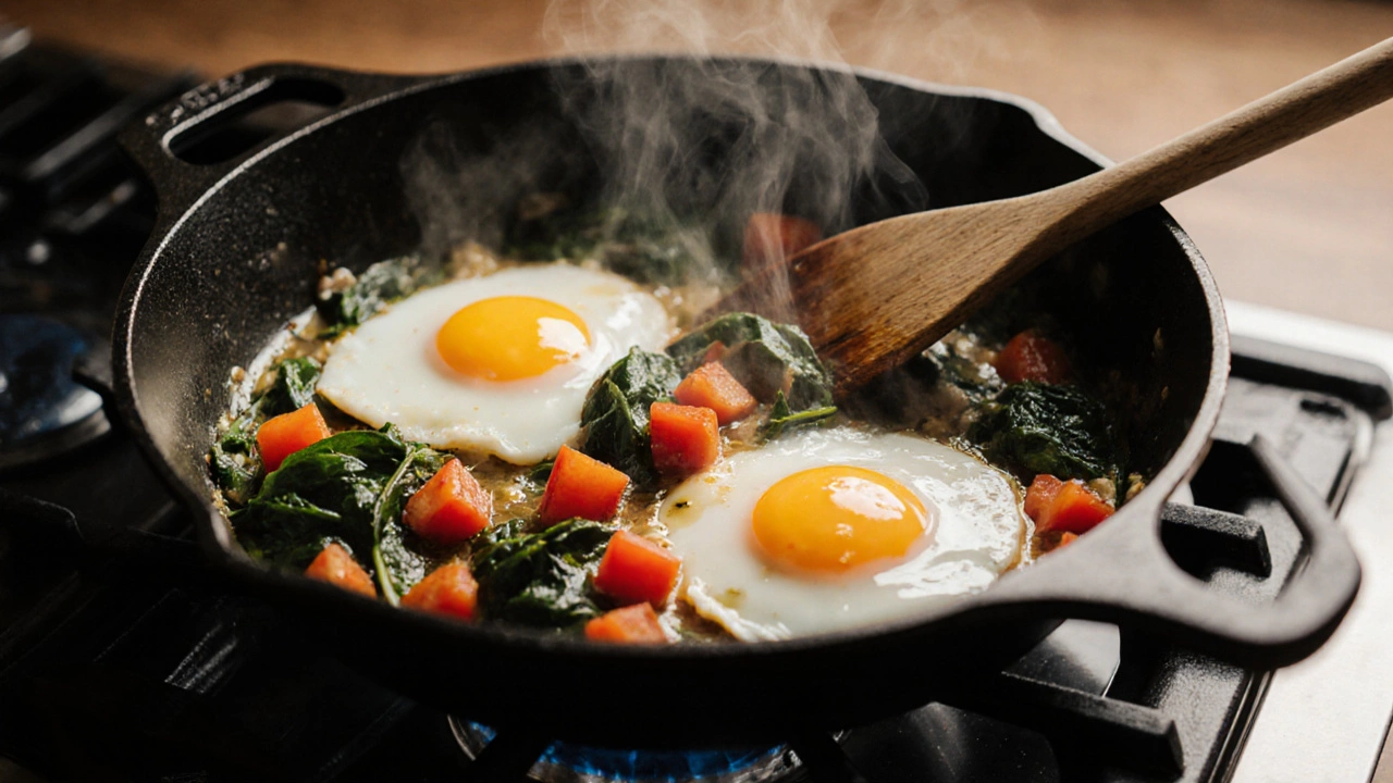 Pan of colorful veggie‑egg scramble cooking on a stovetop.