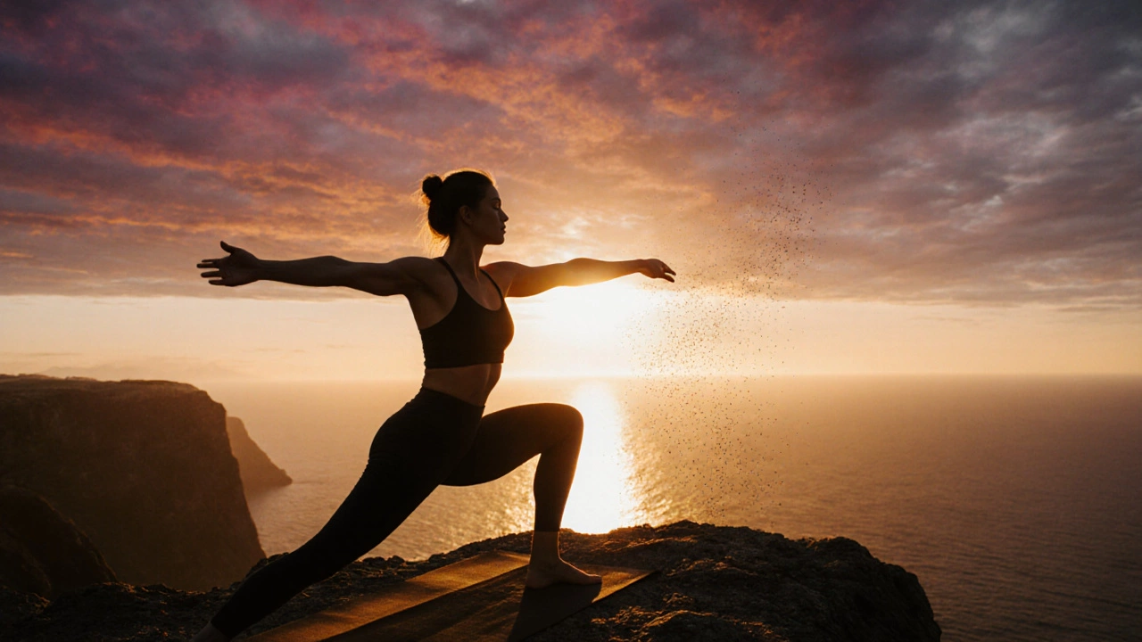 Practitioner in Warrior II on a cliff at sunset, showcasing strength and serenity.