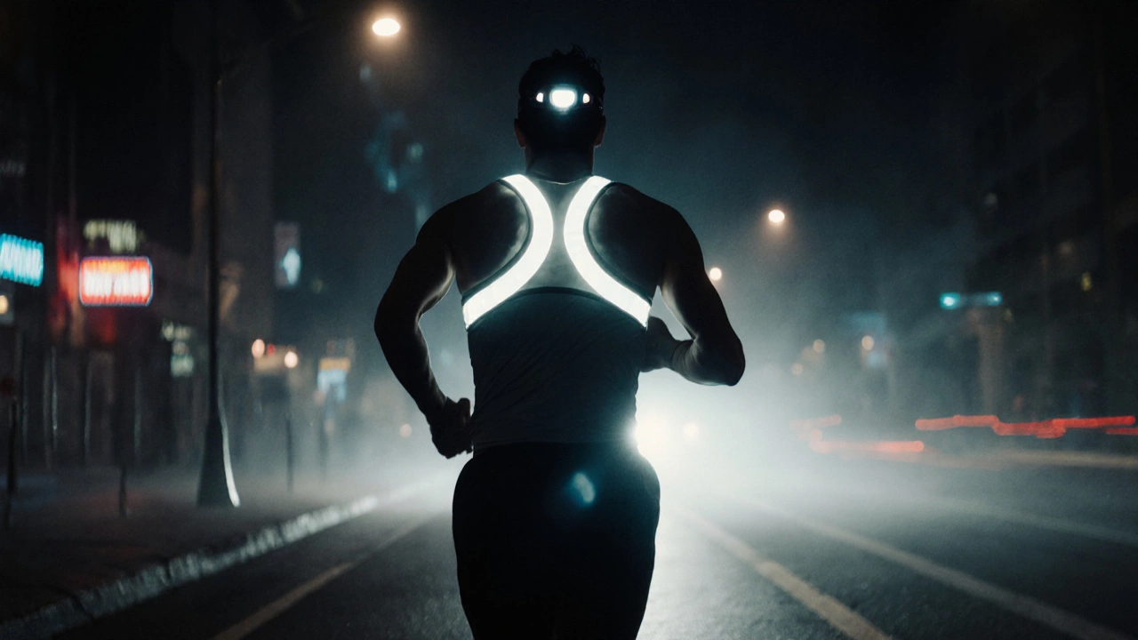 Runner in reflective gear with a headlamp navigating a dimly lit city street at night.