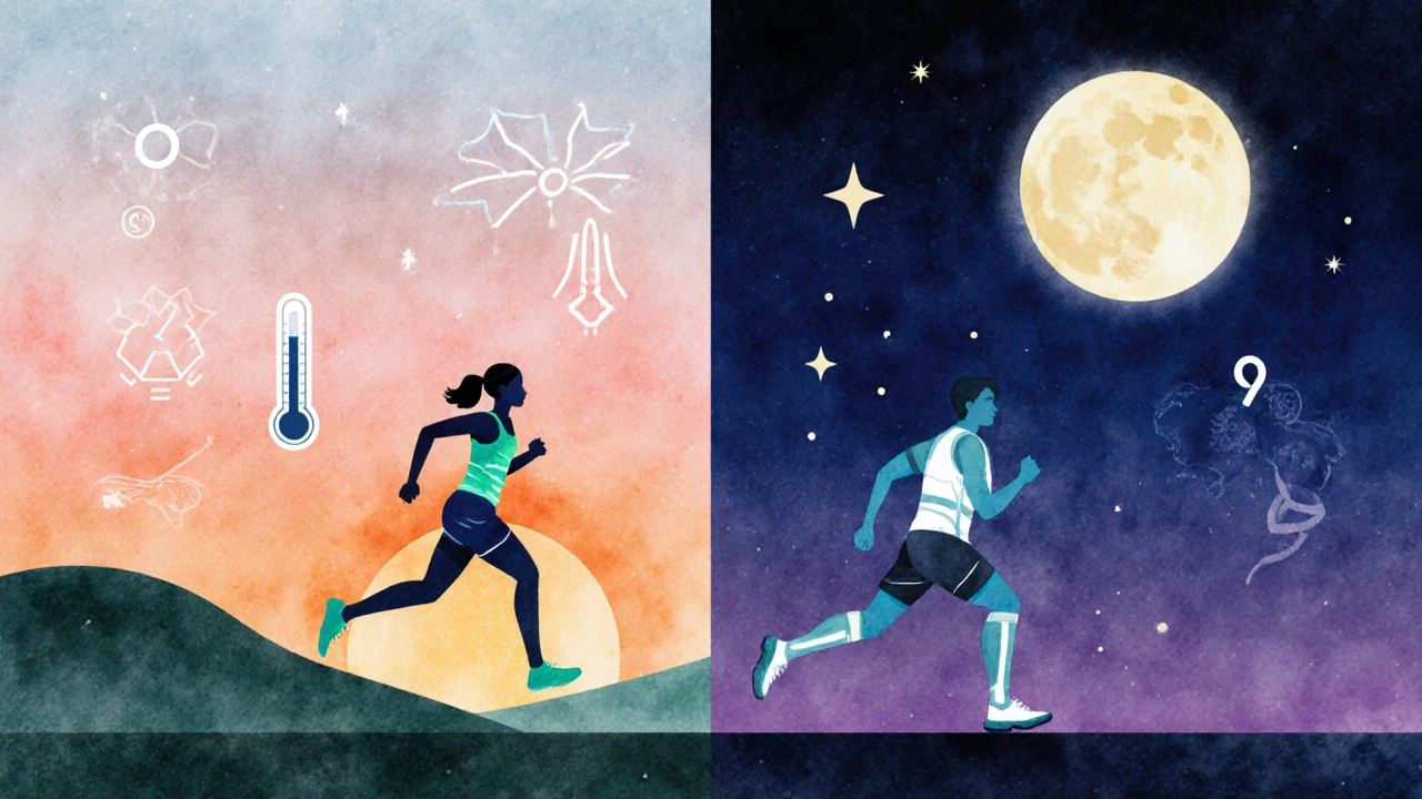 Split illustration contrasting a sunrise runner with cortisol icons and a night runner with melatonin symbols.