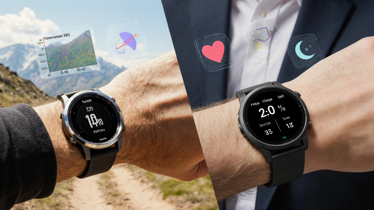 Split illustration: runner with Garmin on a mountain trail and office worker with Fitbit.