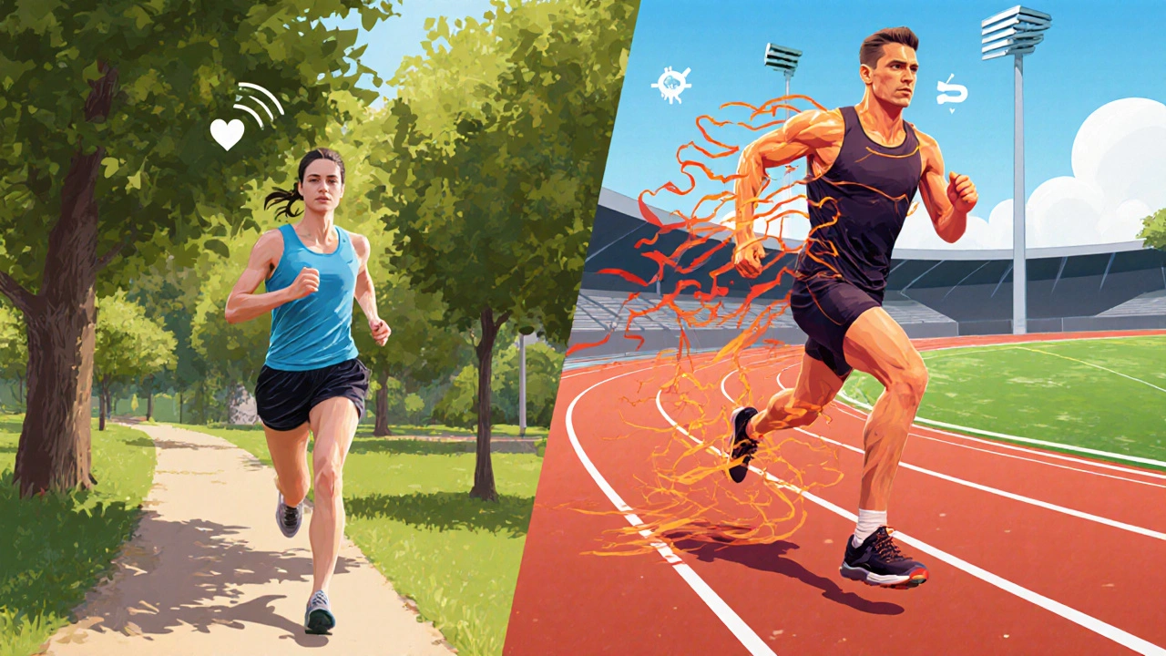 Split illustration showing steady jog and interval sprint with visual calorie‑burn effects.