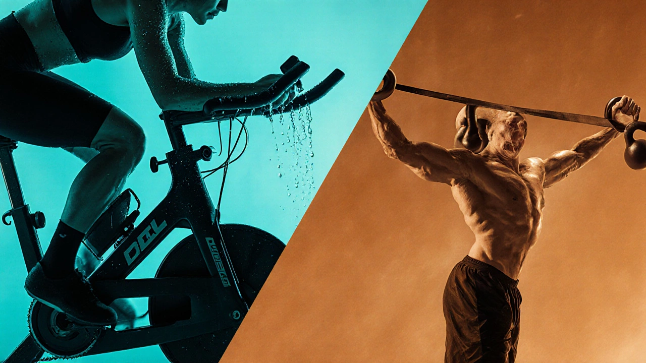 Split scene of cycling on the left and strength training with kettlebells on the right.