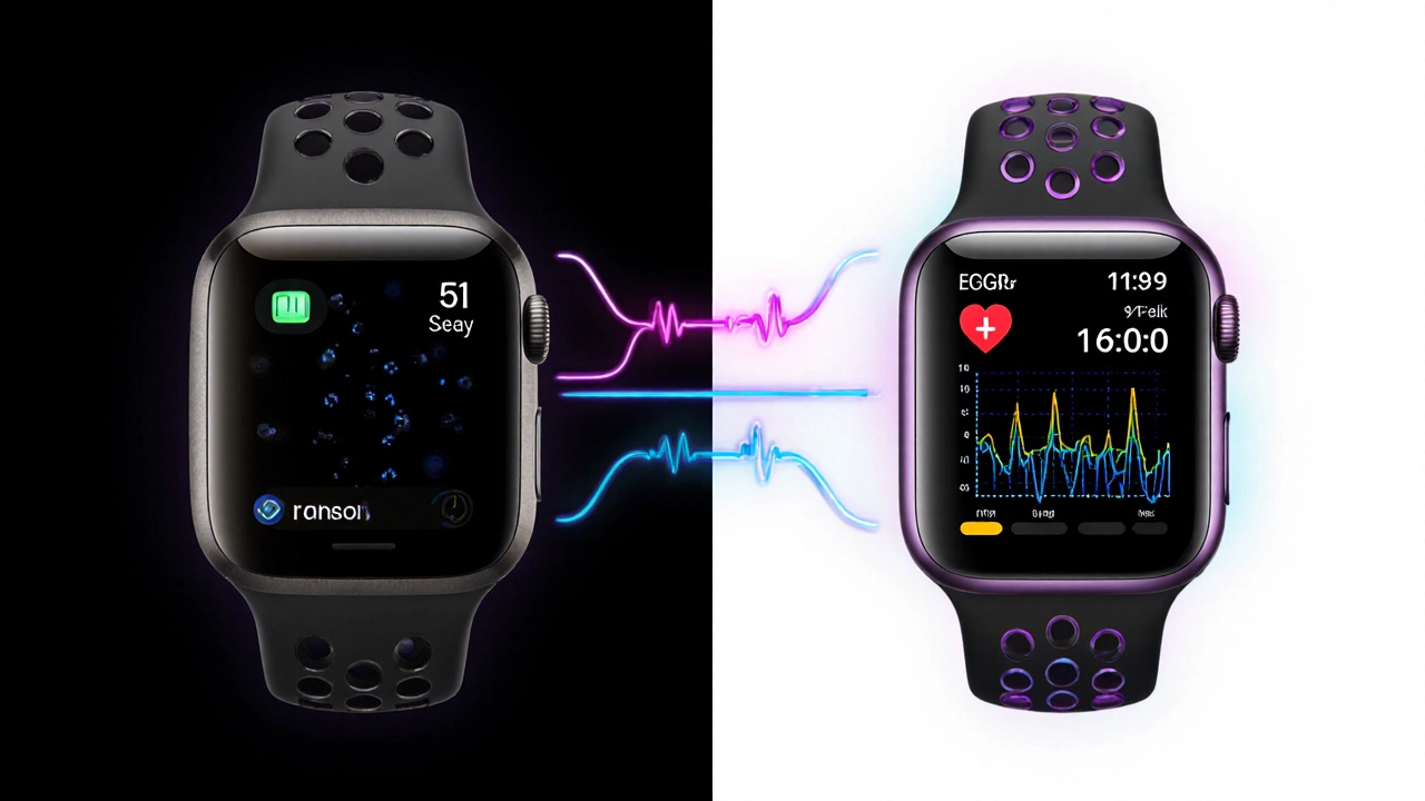 Split-screen comparison: outdated Fitbit vs advanced Apple Watch with health metrics.