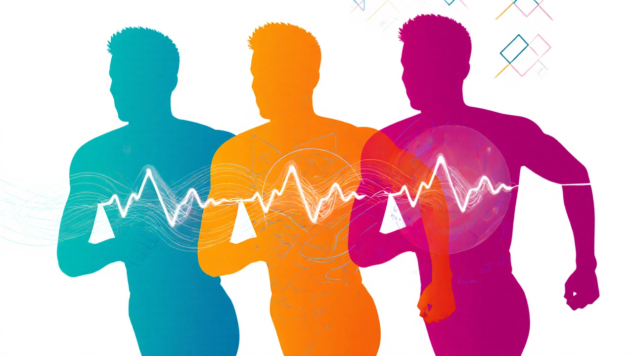 Three overlapping runner silhouettes in cyan, orange, and magenta showing heart‑rate zones.
