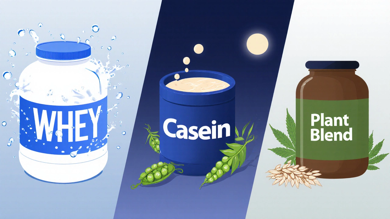 Three protein powder containers representing whey, casein, and plant blends arranged on a neutral background.