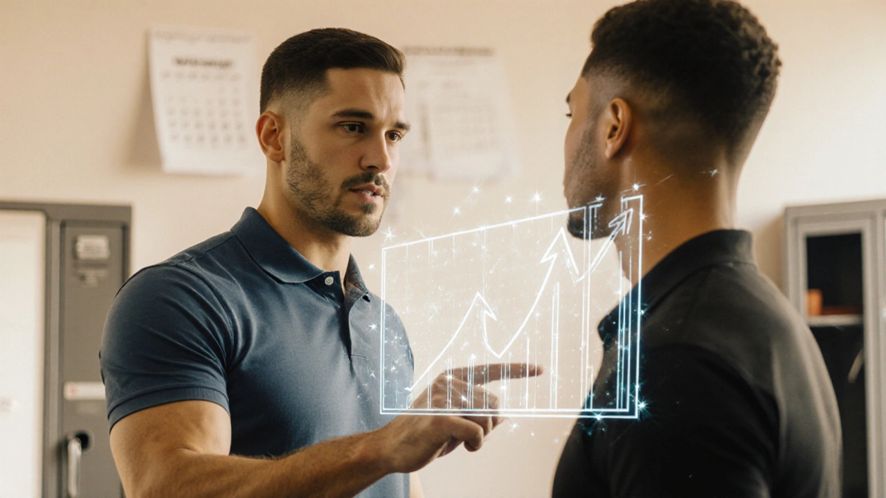 Trainer consulting a client in a bright gym with a subtle aura of progress and a calendar in the background.