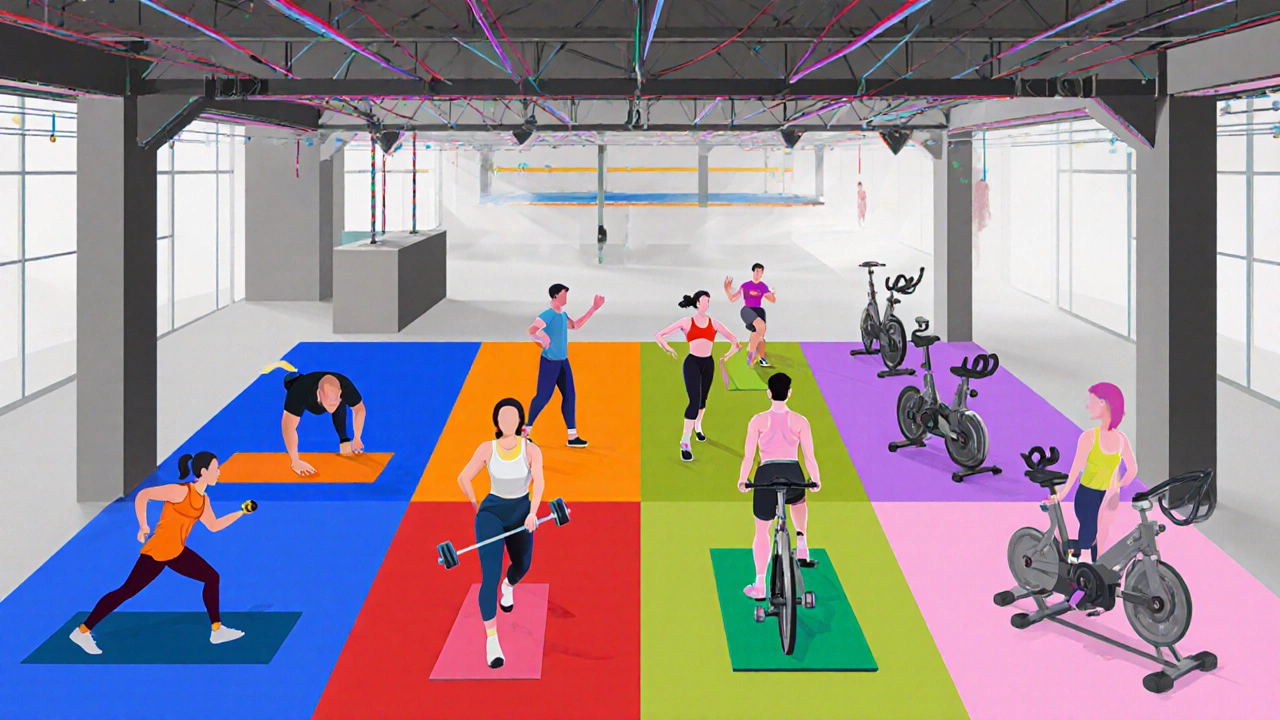 Various fitness classes—Yoga, HIIT, Zumba, Pilates, Spin, CrossFit, Barre—performed simultaneously in one studio.