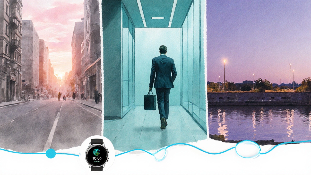 Watercolor collage of morning, lunch, and evening walks with a glowing smartwatch.