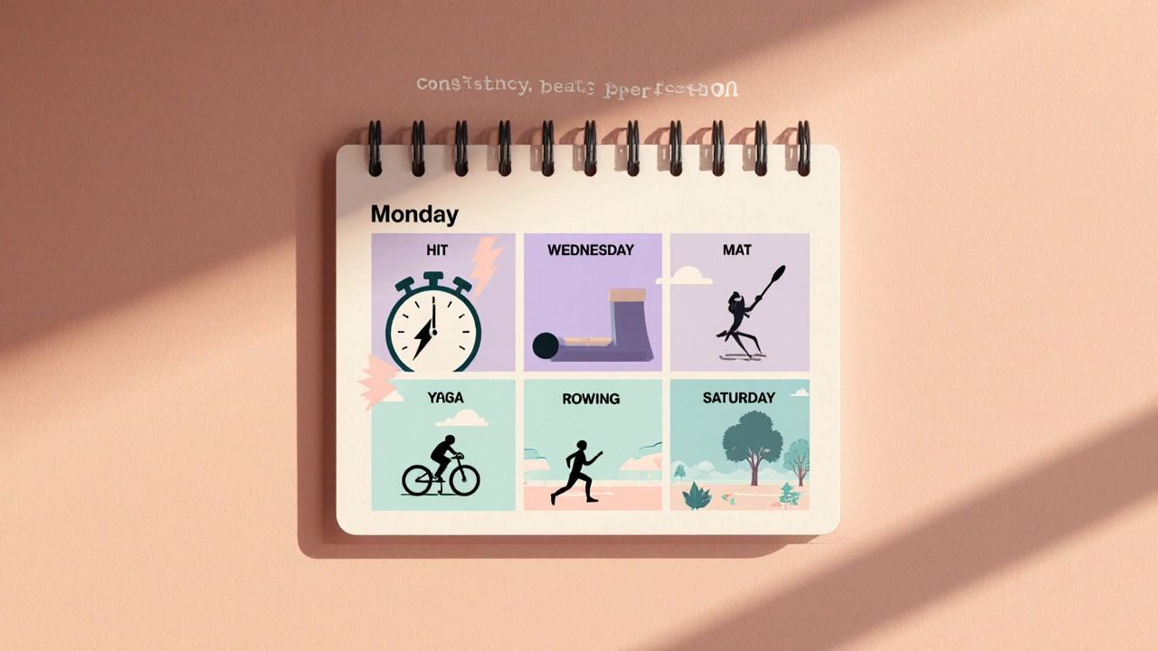 Weekly calendar collage showing different cardio icons for each day of the week.