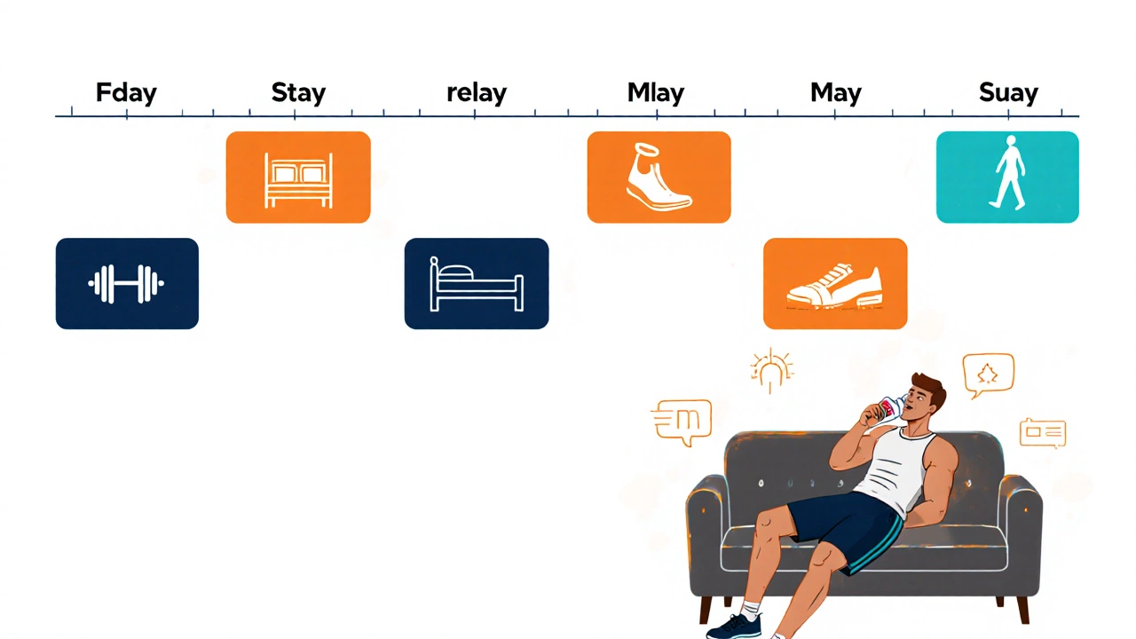 Weekly training schedule visualized with workout days and two consecutive rest days.