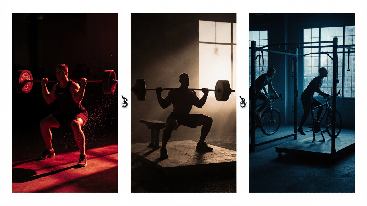 Weekly workout montage with lifts, cardio bike, and stretching exercises.