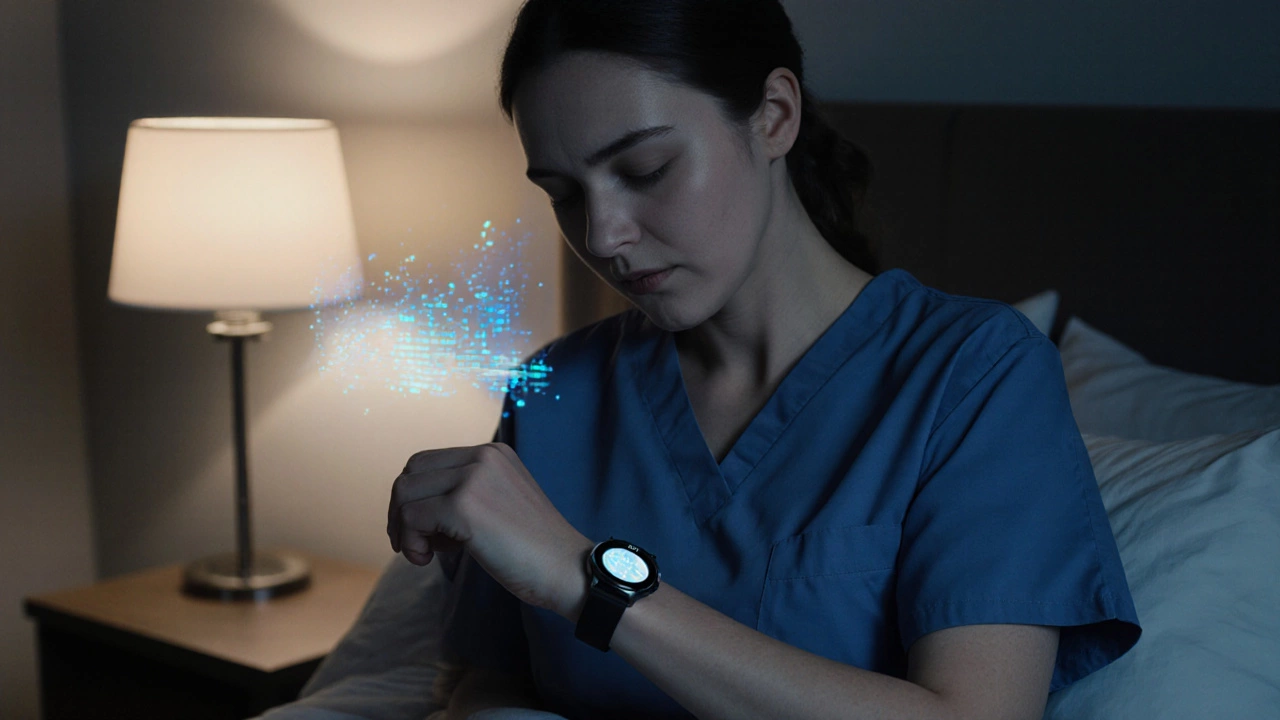 Woman in scrubs checking Samsung Galaxy Watch 6 for sleep data in a quiet bedroom at night.