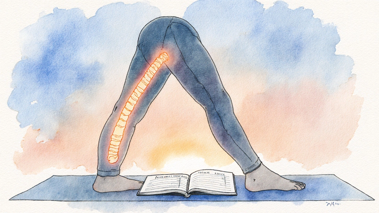 Yogi in Forward Fold reaching toward toes with a stretch log beside the mat.