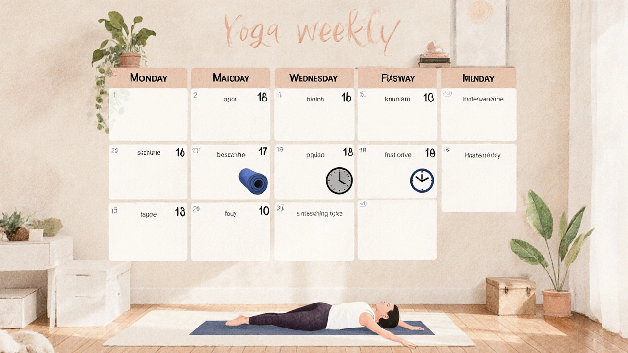 A weekly calendar showing three marked yoga days with simple icons representing breath and rest, in a quiet home setting.