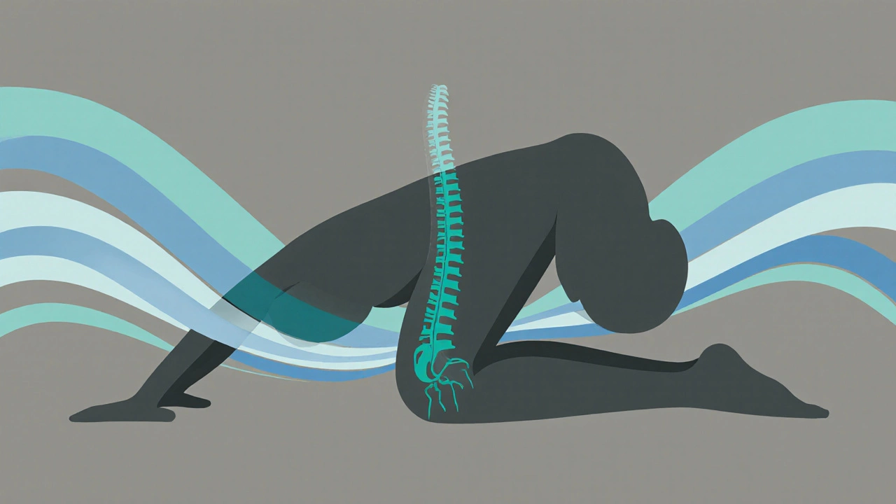 Abstract illustration of a person in child’s pose with calming nervous system waves radiating from the spine, symbolizing stress relief.