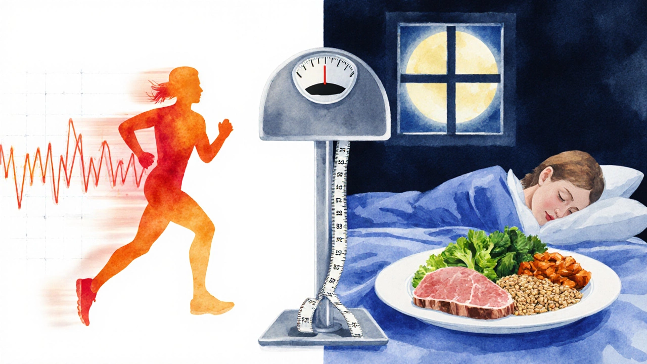 Balanced scene of running, healthy food, and sleep symbolizing fat loss lifestyle.