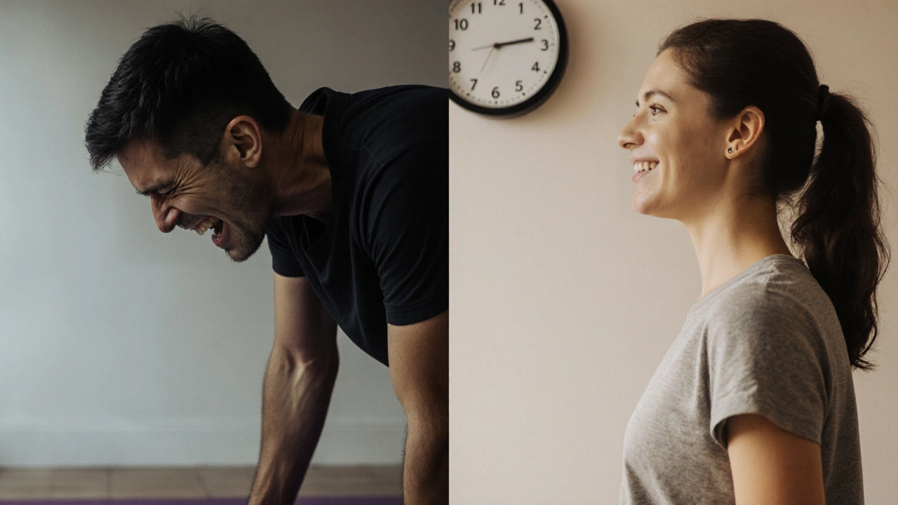 Contrasting images of a beginner in pain versus a beginner practicing gently with proper alignment and calm expression.