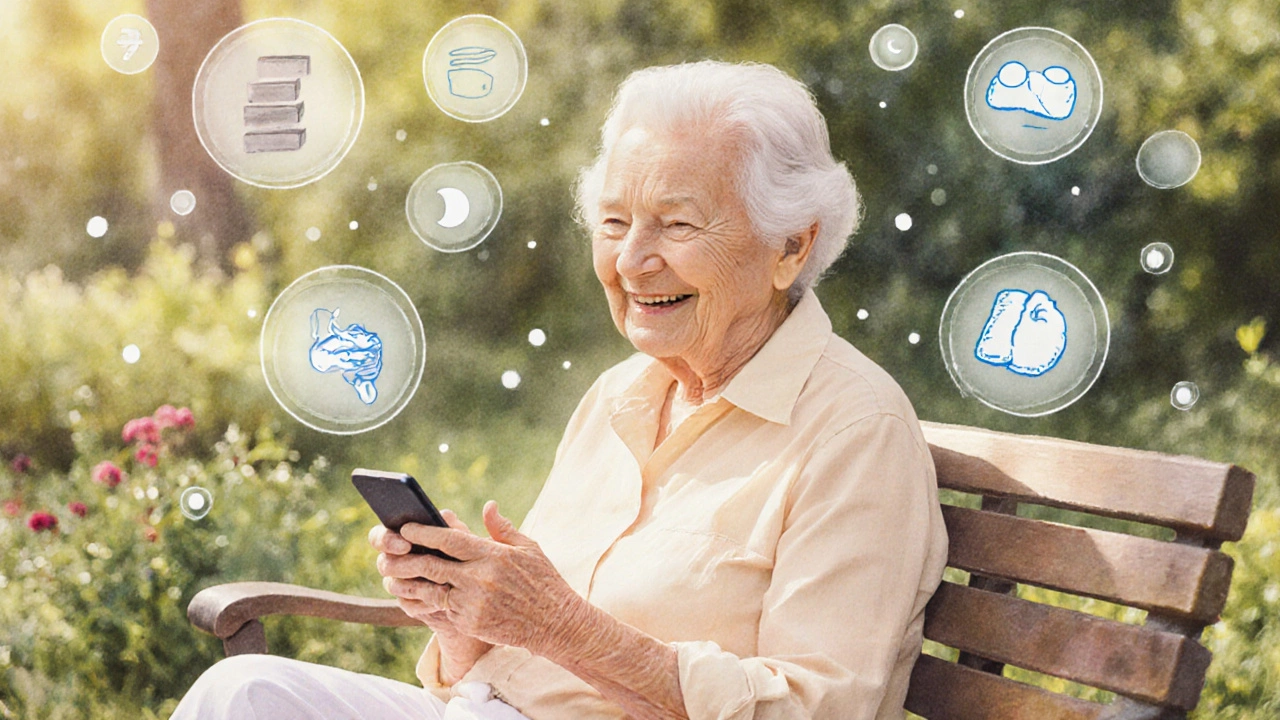 Elderly person on a bench with floating health icons rising gently around them in soft light.