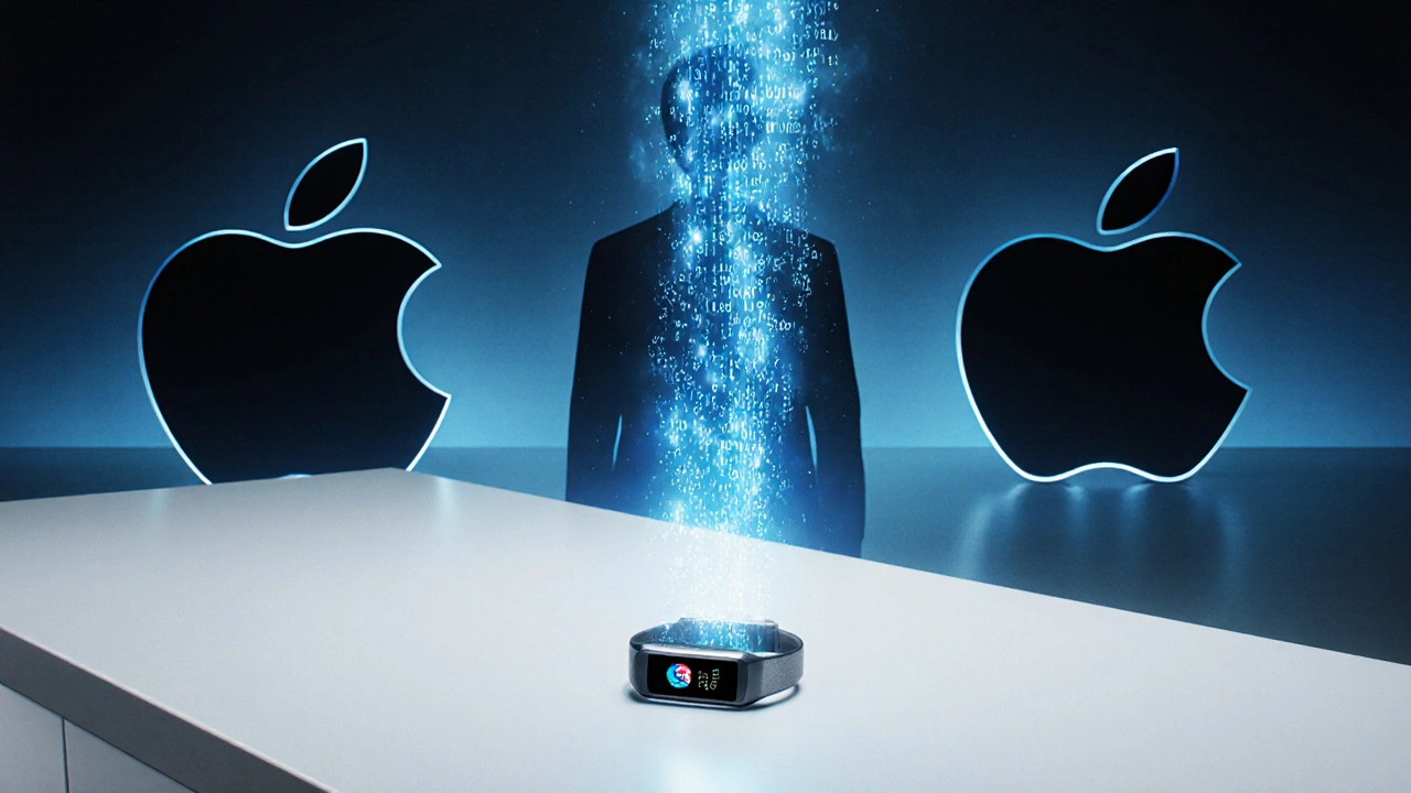 Fitbit device on a lab bench with floating health data, surrounded by shadowy tech logos.