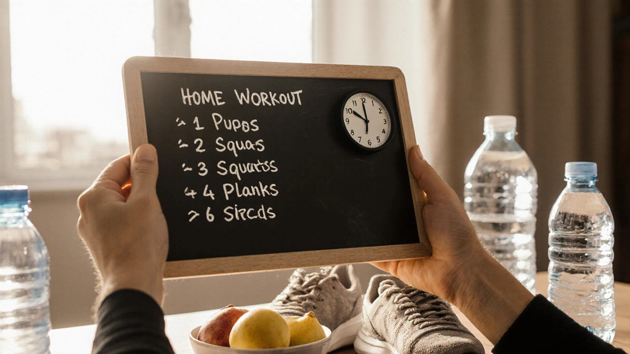 Home workout routine on chalkboard with water bottles and fruit, symbolizing 14-day consistency.