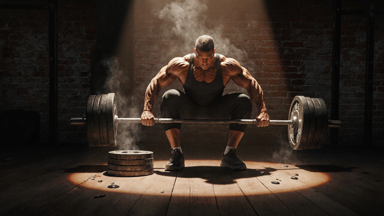 Individual lifting heavy barbell in dim gym, muscles strained, spotlight on equipment.